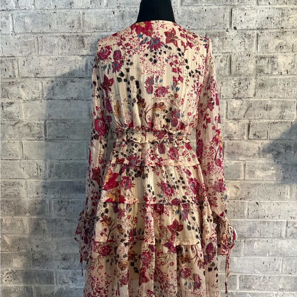Free People Floral Tiered V-Neck Long Sleeve Dress in Cream and Pink - Picture 2 of 9